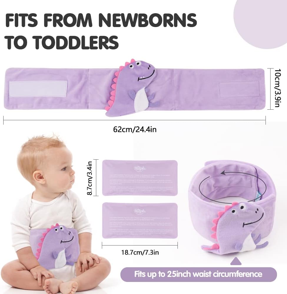 Hilph Baby Colic, Gas and Upset Stomach Relief, Heated Warmer Tummy Wrap with 2 Gel Packs for Newborns and Infants, Baby Heating Pad Swaddling Belt Natural Relief (Purple Dinosaur) - Image 5